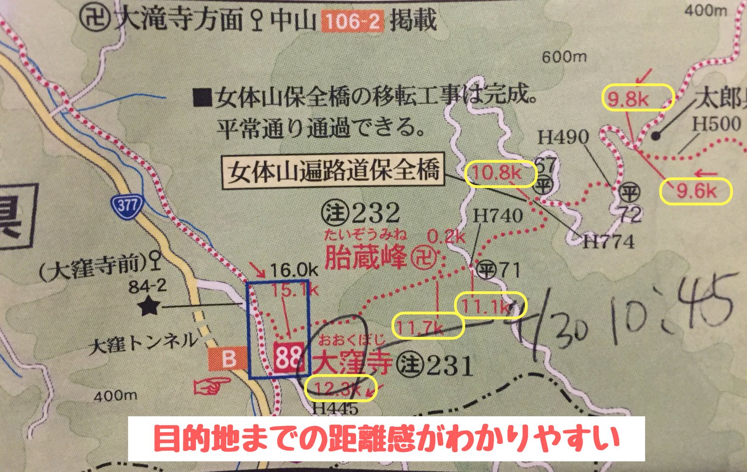 地図「四国遍路ひとり歩き同行二人」に記載されている距離の様子