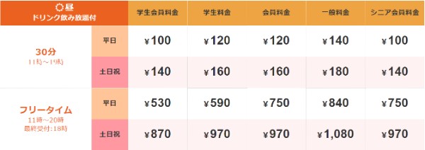 ジャンカラ札幌駅前店の料金表