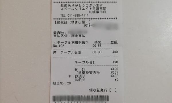 ヒトカラした時の自遊空間のレシート