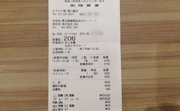 カラオケ館にヒトカラ行った時のレシート