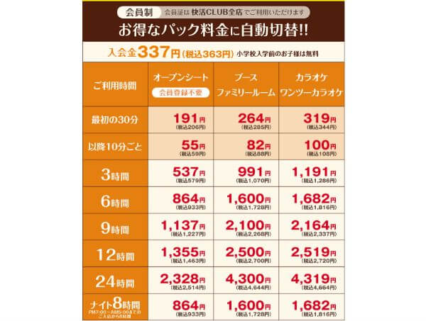 快活クラブススキノ店の料金表