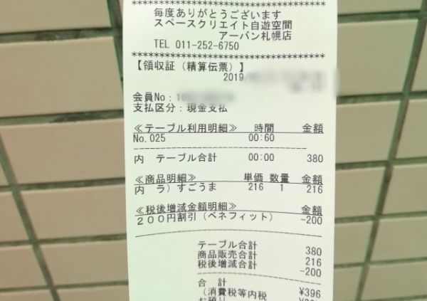自遊空間で100円ランチを食べた時のレシート